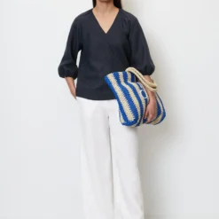 Marc O'Polo V-neck Blouse With Gathered Details In A Mix Of Materials