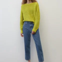 Marc O'Polo Crewneck Jumper With Openwork Pattern, Cropped Made From Pure New Wool