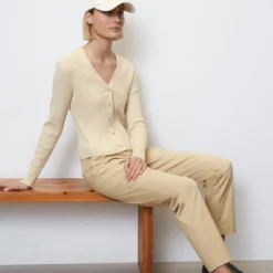 Marc O'Polo Narrow V-neck Rib Knit Cardigan Made Of Organic Cotton/linen Slub Yarn